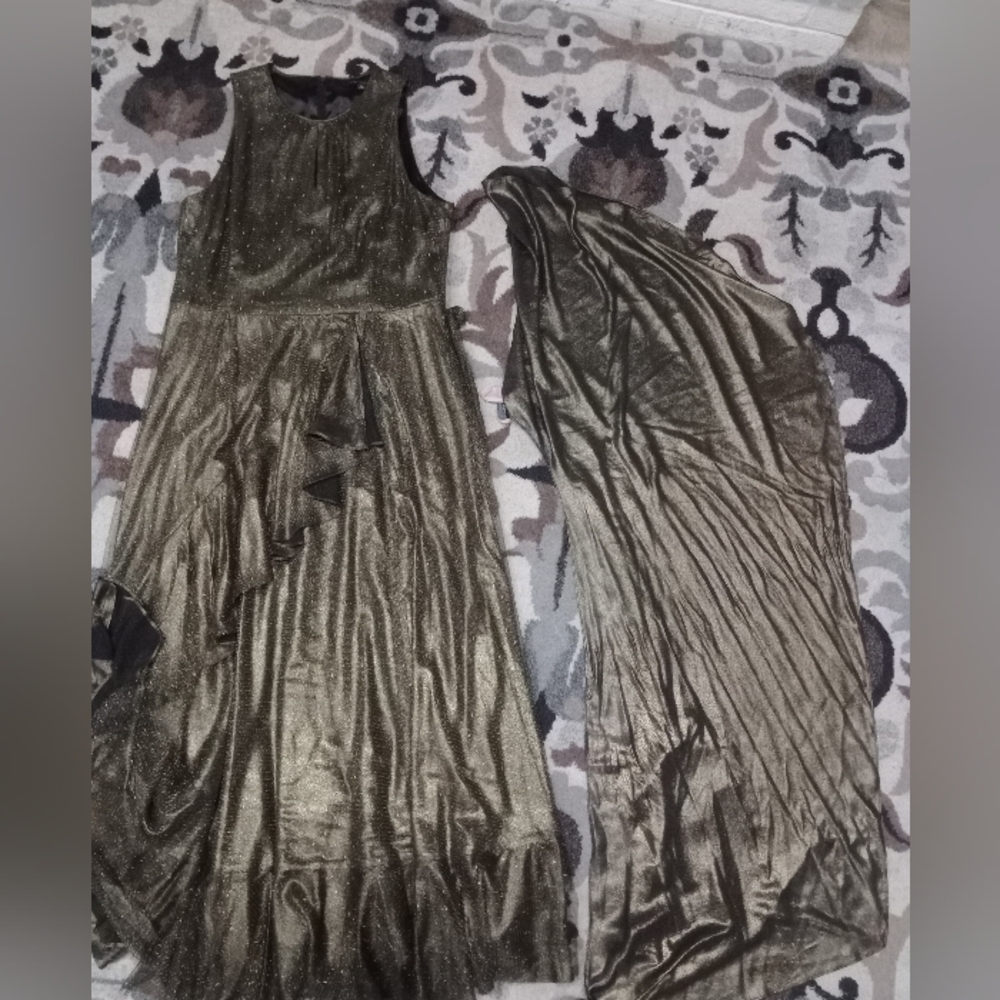 Gold Bronze Metallic Tiered Ruffle Hem Dress Size 16 Shawl Included NWOT - Picture 12 of 14